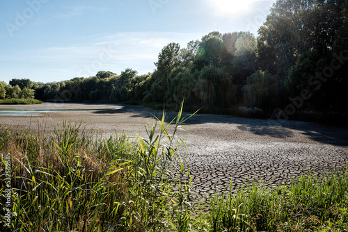 Dried up lake as a result of climate change and hot weather. 