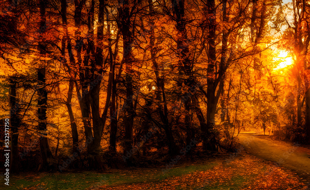 Fototapeta premium An autumn scene, falling leaves, digital art