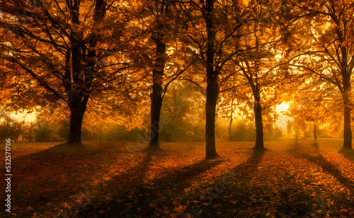 An autumn scene, falling leaves, digital art © BitBot
