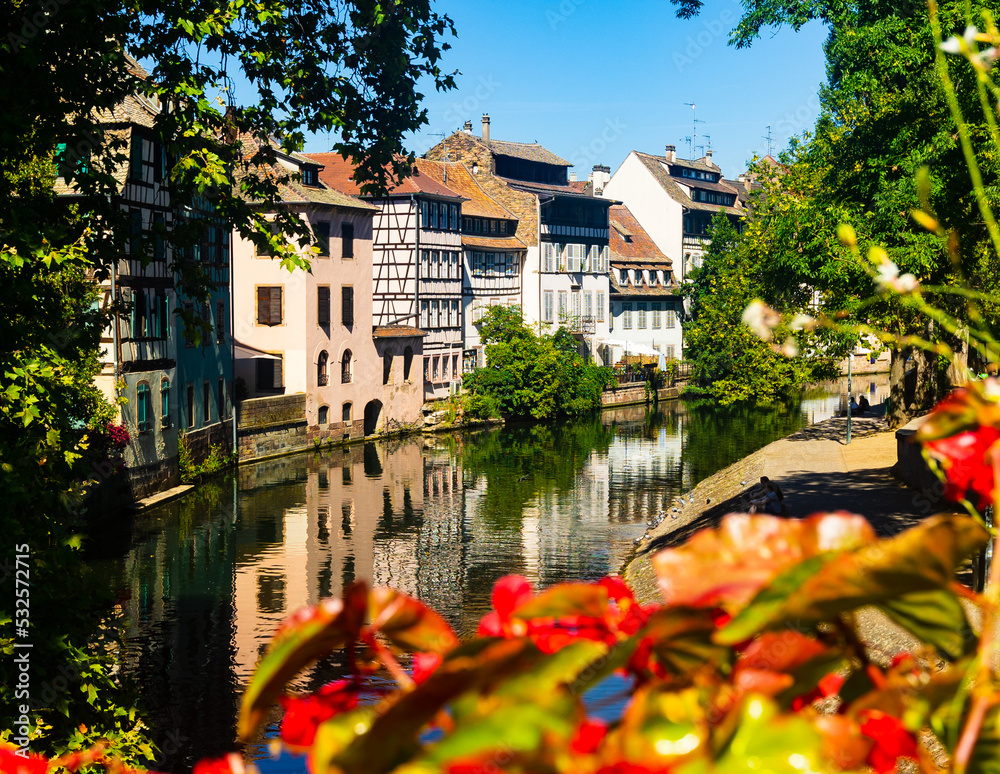 Fototapeta premium Charming view of residential half-timbered buildings along canals of Strasbourg. Summer streets decorated with bloomy flowers.