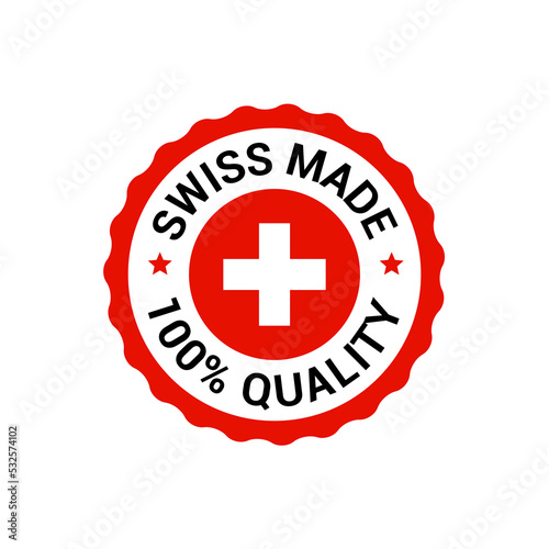 Swiss made product label. Switzerland quality flag vector sticker icon logo photo