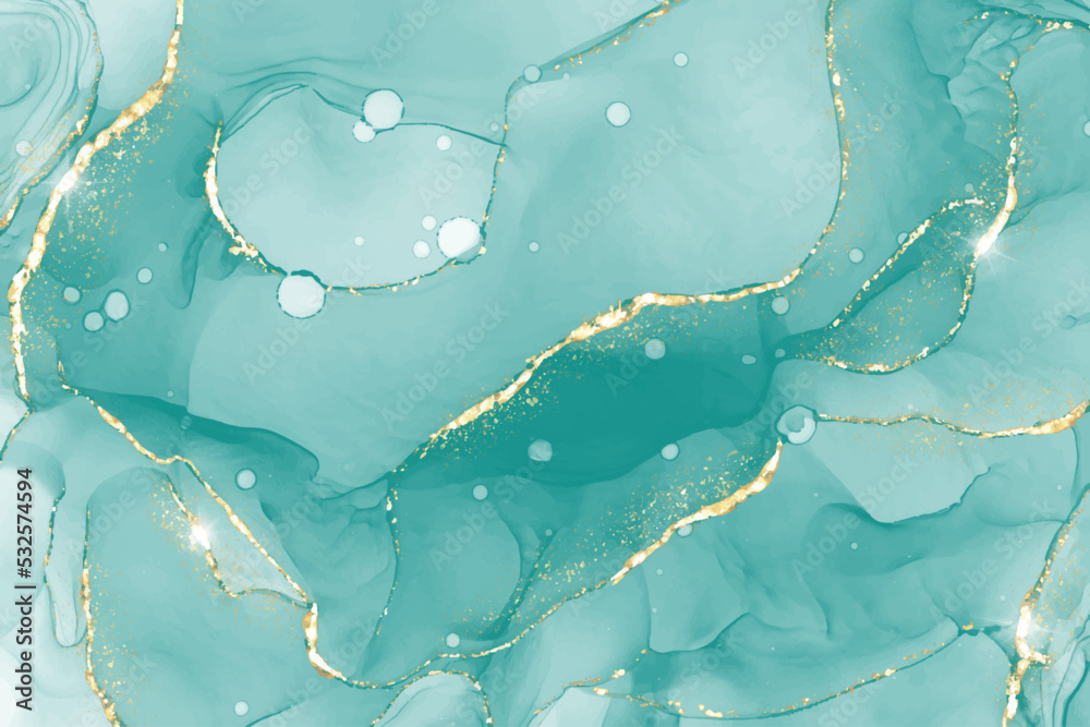 Pastel cyan mint liquid marble watercolor background with gold lines and brush stains. Teal turquoise marbled alcohol ink drawing effect. Vector illustration backdrop, watercolour wedding invitation.