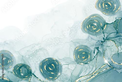 Pastel cyan mint liquid marble watercolor background with gold lines and brush stains. Teal turquoise marbled alcohol ink drawing effect. Vector illustration backdrop, watercolour wedding invitation.