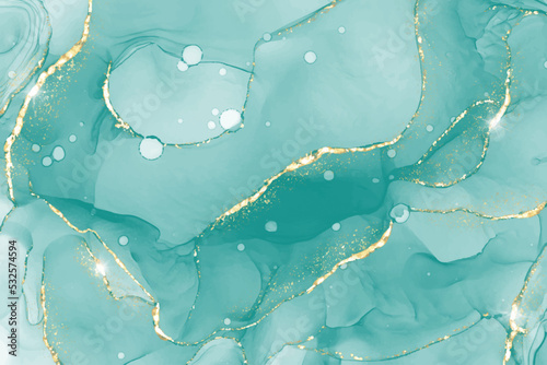 Pastel cyan mint liquid marble watercolor background with gold lines and brush stains. Teal turquoise marbled alcohol ink drawing effect. Vector illustration backdrop, watercolour wedding invitation.
