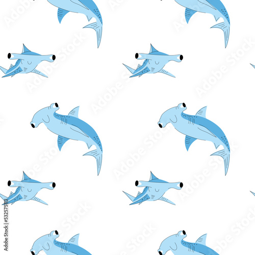 Seamless pattern with cute shark. Hand drawn illustration in scandinavian style for children.