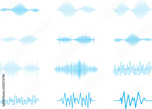 Sound audio wave vector. Icon set isolated on white background. Abstract sound waves for voice design, music background, radio logo and icon. Creative music audio concept. Soundwave vector