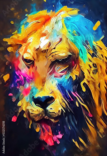 Lion head in bright neon colors. Colorful impressive lion portrait. Digital illustration. © jockermax3d