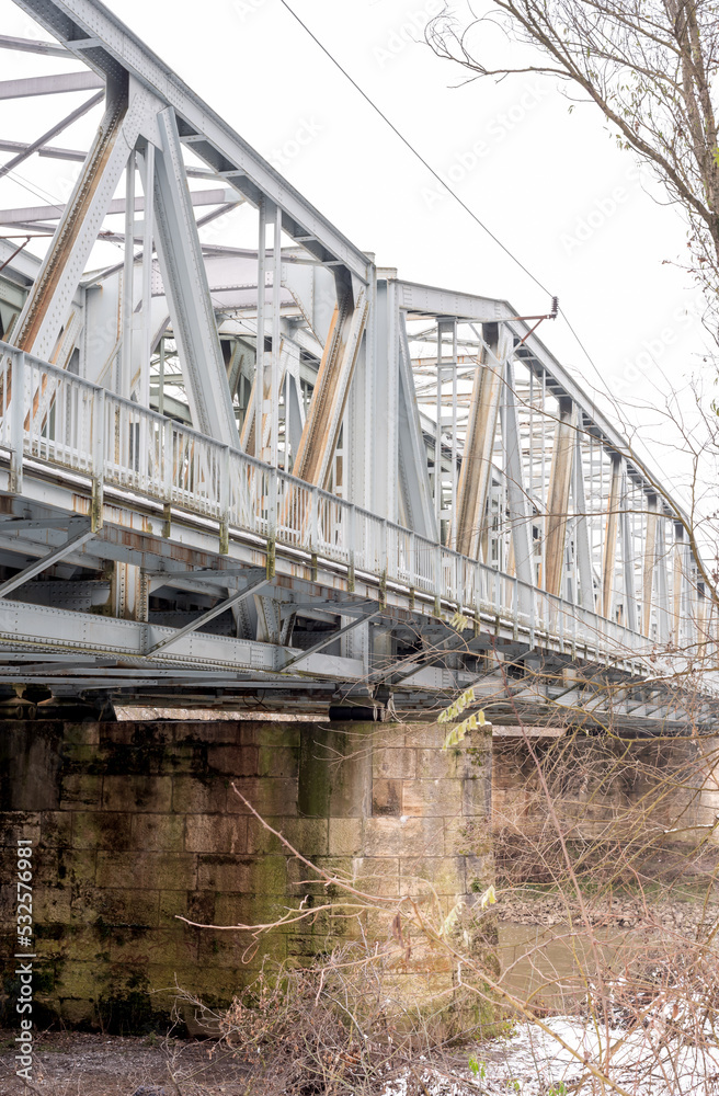 Gray metal train bridge