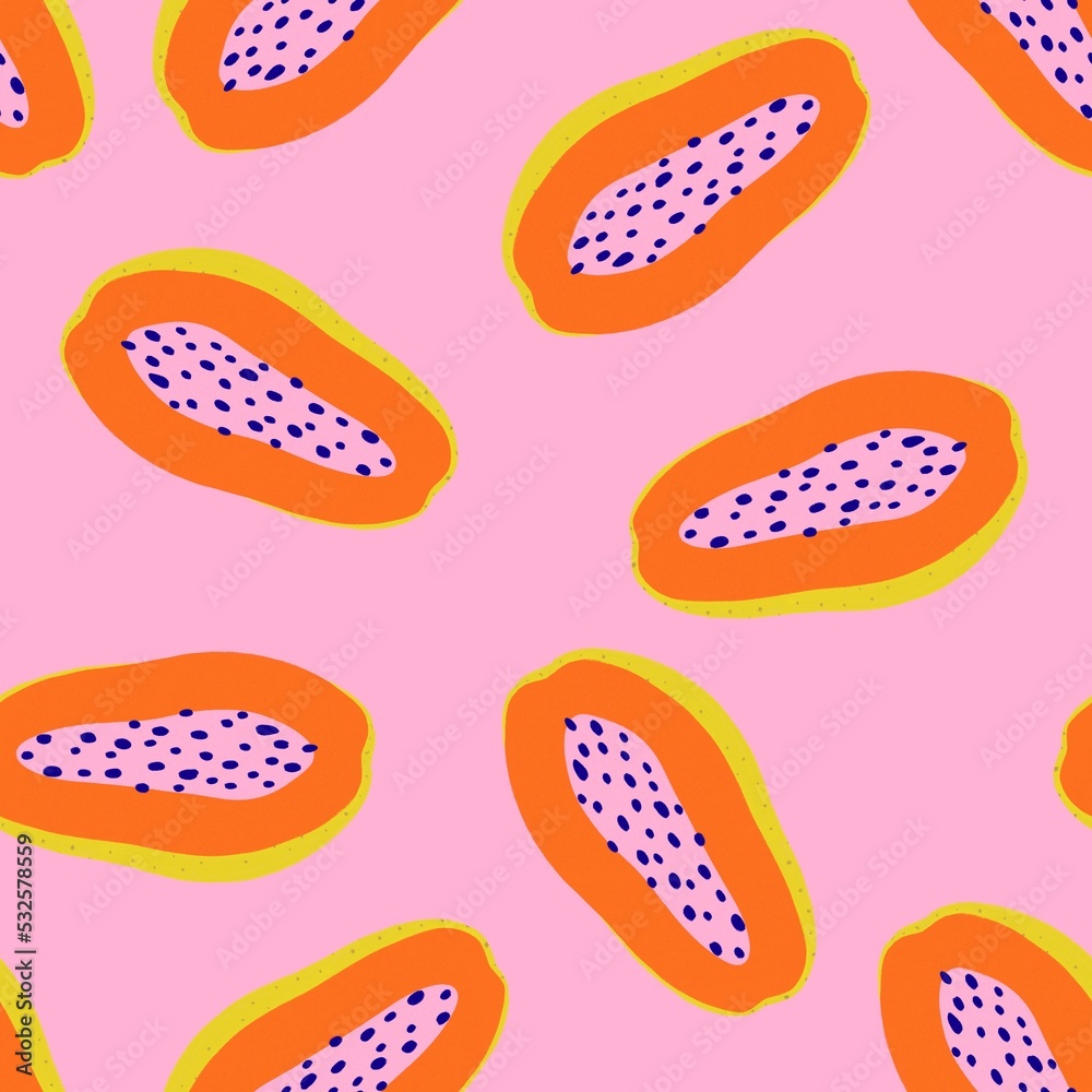 Papaya fruit illustration seamless pattern