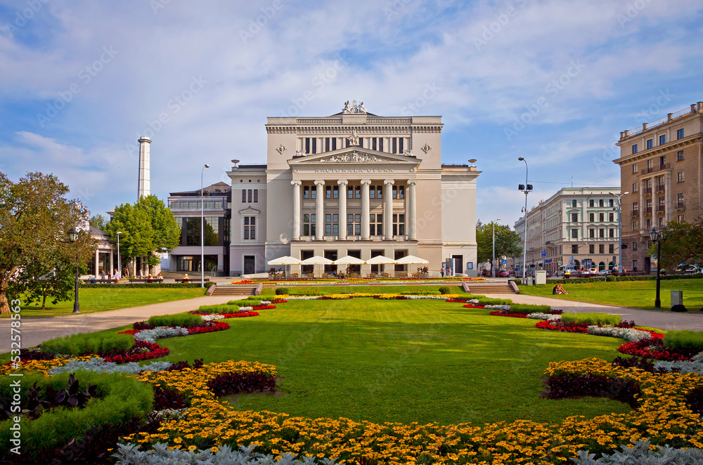 Building of Latvian National Opera and Ballet (LNOB) in Riga, Latvia. The building completed in 1863 in Classicism architectural style