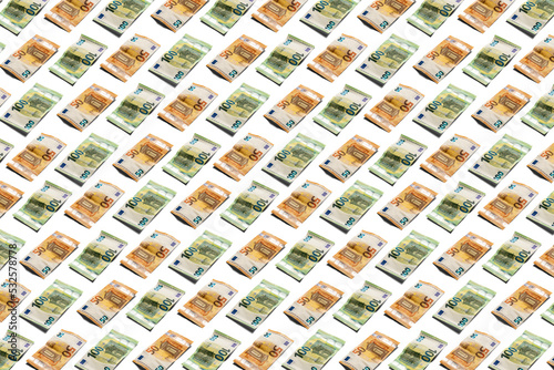 Fifty and hundred euro banknotes pattern on bright white background photo