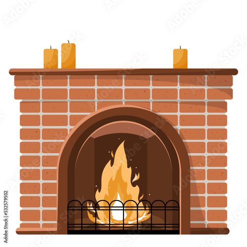 Fireplace with burning firewood, House fireplace with firewood flames. Home open hearth fireplaces. Cartoon vector illustration