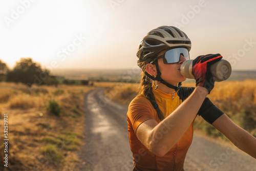 A mountain biker between wheat fields photo