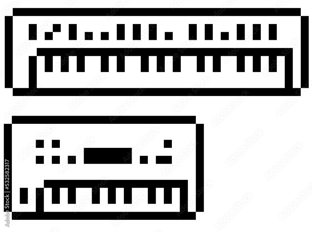 Isolated pixel keyboard. 8 bit monochrome synth illustration. Retro style keys. Isolated pixel keyboard. 8 bit monochrome synth illustration. Retro style keys.