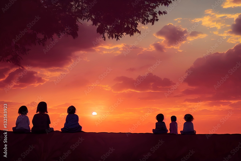 Fototapeta premium Children sit on a mountain and watch a beautiful red sunset Regenerate response