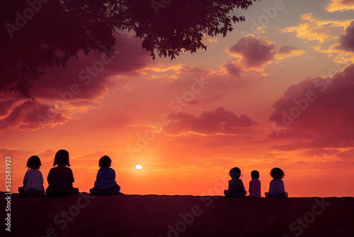 Children sit on a mountain and watch a beautiful red sunset  Regenerate response