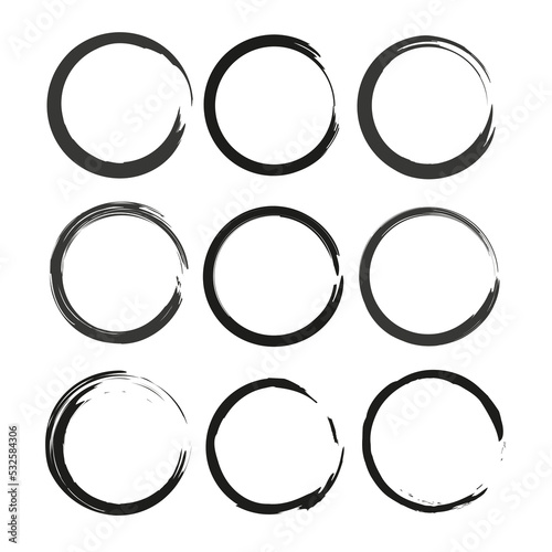 Ink paint brush stain. Circle frame set. Round shape. Vector illustration. Stock image.