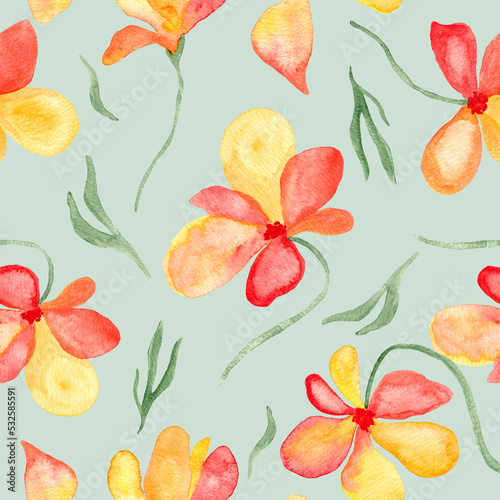 Watercolor orange with red flowers blossom - seamless pattern painting on light green background