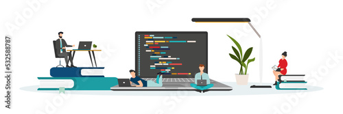 Сoding and programming software. Window laptop computer screen concept. Vector illustration.