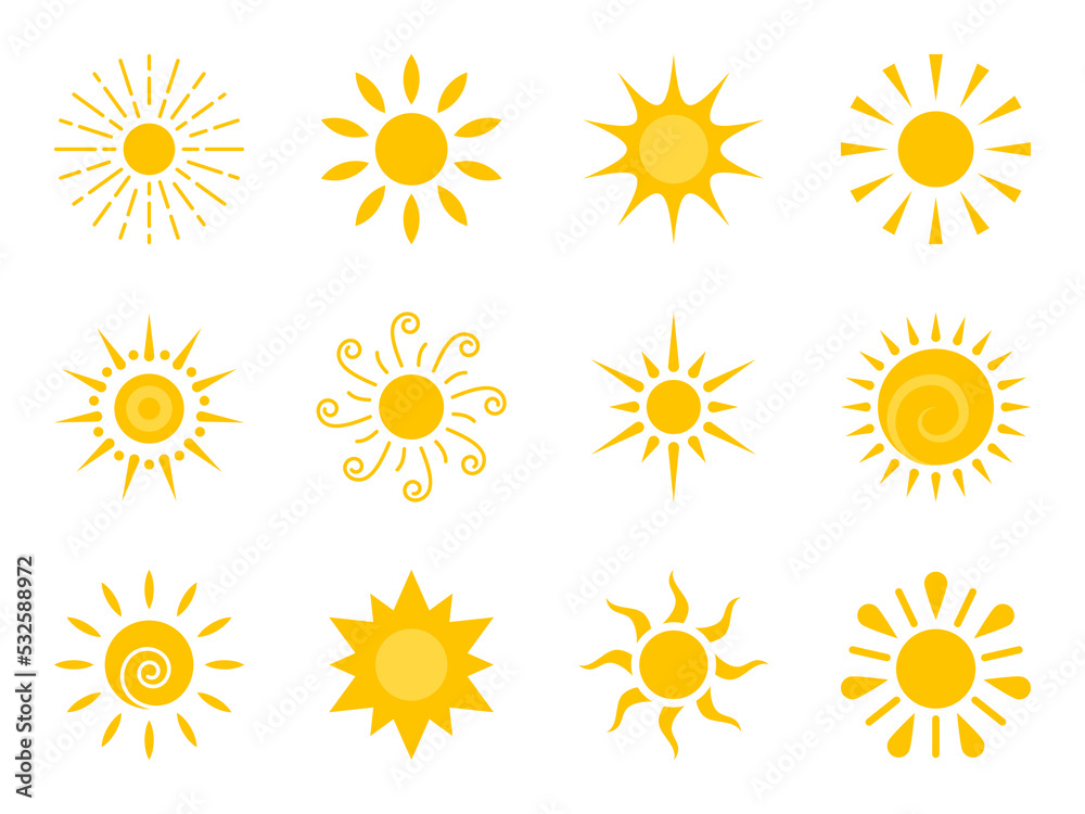 Sun flat icon set. Various yellow sunshine star. Cartoon summer sunlight nature sky. Simple graphic solar circle sign. Sunny heat rays weather app symbol. Logotype sunrise sunset isolated on white. Sun flat icon set. Various yellow sunshine star. Cartoon summer sunlight nature sky. Simple graphic solar circle sign. Sunny heat rays weather app symbol. Logotype sunrise sunset isolated on white.