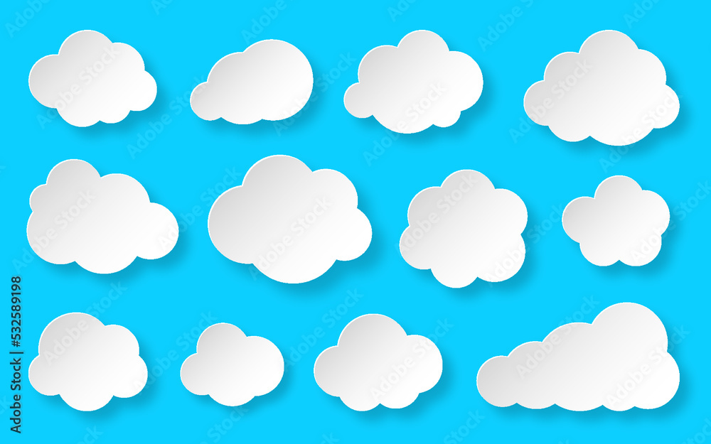 Paper cut clouds set on blue sky background. Forecast white cute cloud icon symbol collection. Cartoon style origami web banner with light and shadows. Various round shapes speech think bubble concept