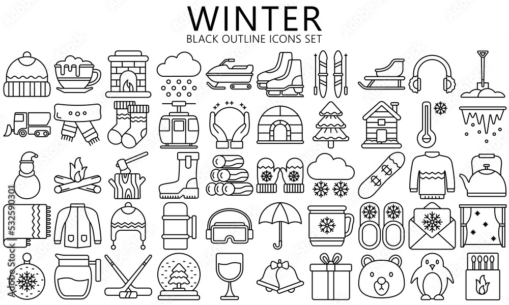 Winter black outline icons set. Jackets, sweater, hot drink, winter sport, snow, Christmas, gloves and more. use for modern UI or UX kit, digital banner and app. vector EPS 10 ready convert to SVG.