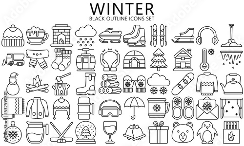 Winter black outline icons set. Jackets  sweater  hot drink  winter sport  snow  Christmas  gloves and more. use for modern UI or UX kit  digital banner and app. vector EPS 10 ready convert to SVG.