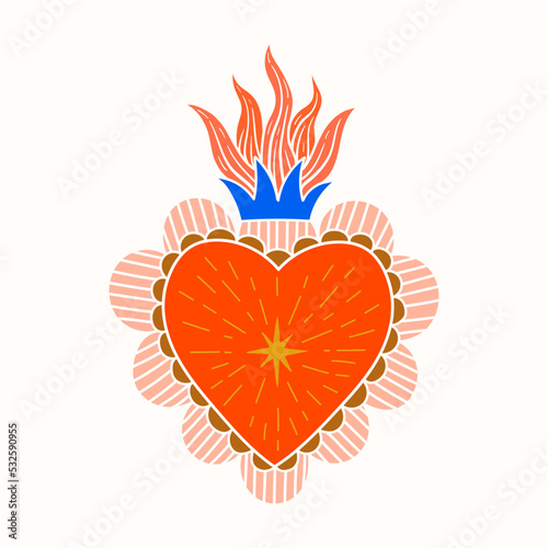 Sacred Heart love Folk Art color Illustration hand made	