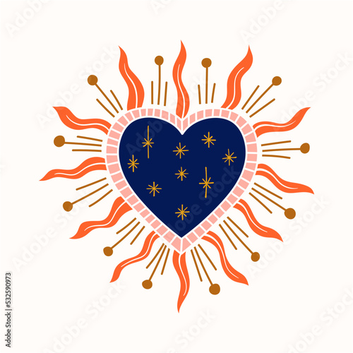 Sacred Heart love Folk Art color Illustration hand made	