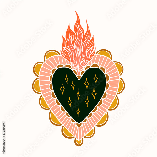 Sacred Heart love Folk Art color Illustration hand made	