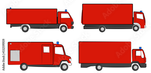 4x Feuerwehr Gerätewagen Logistik Zeichnungen Vektor Grafik | Fire department equipment trolley logistics drawnings vector graphic