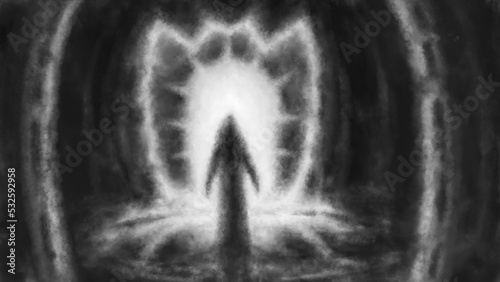 Фотография One hooded man stands inside cave