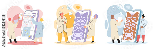 Online medical consultation and support metaphor. Online doctor. Healthcare services, Ask doctor. Tele medicine e-health service. Therapist videocalling phone screen. Diagnosis treatment of patients