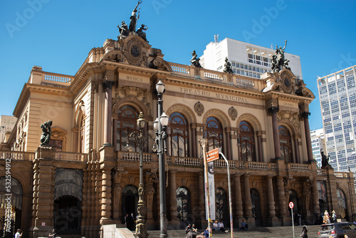 The main entrance of the Municipal Theatre of São Paulo with a stunning blue sky , historic center of São Paulo, Brazil - Entrada principal do Theatro Municipal de São Paulo,  centro histórico