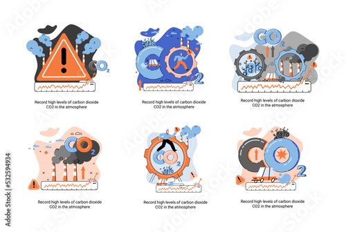 Record high levels carbon dioxide CO2 atmosphere. Industrial emissions affect changes in carbon dioxide concentration. Causes of climate change on planet. Problems of environment and ecology metaphor