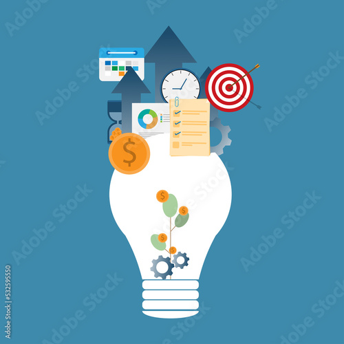 vector illustration light bulb long term investment, time investing, success takes time, growth profit, financial innvesting, financial planning, data analysis investment 