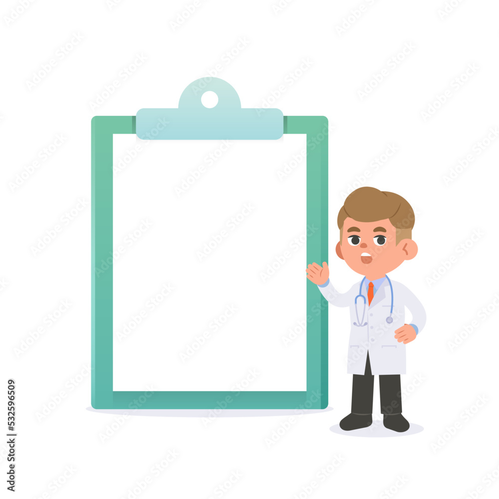 A man doctor character with blank clipboard text box speech illustration vector cartoon design on white background. Medical concept. A man doctor character with blank clipboard text box speech illustration vector cartoon design on white background. Medical concept.