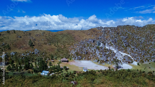 Panorama of the Baliem Valley with the natural phenomenon of white sand in Wamena, Papua province, taken by drone.