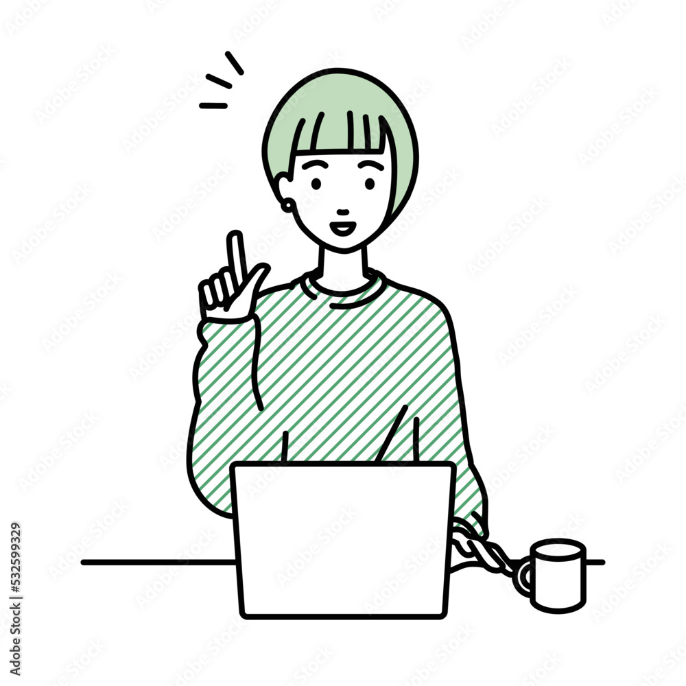 デスクで座ってPCを開いて何かひらめいたリモートワークの女性