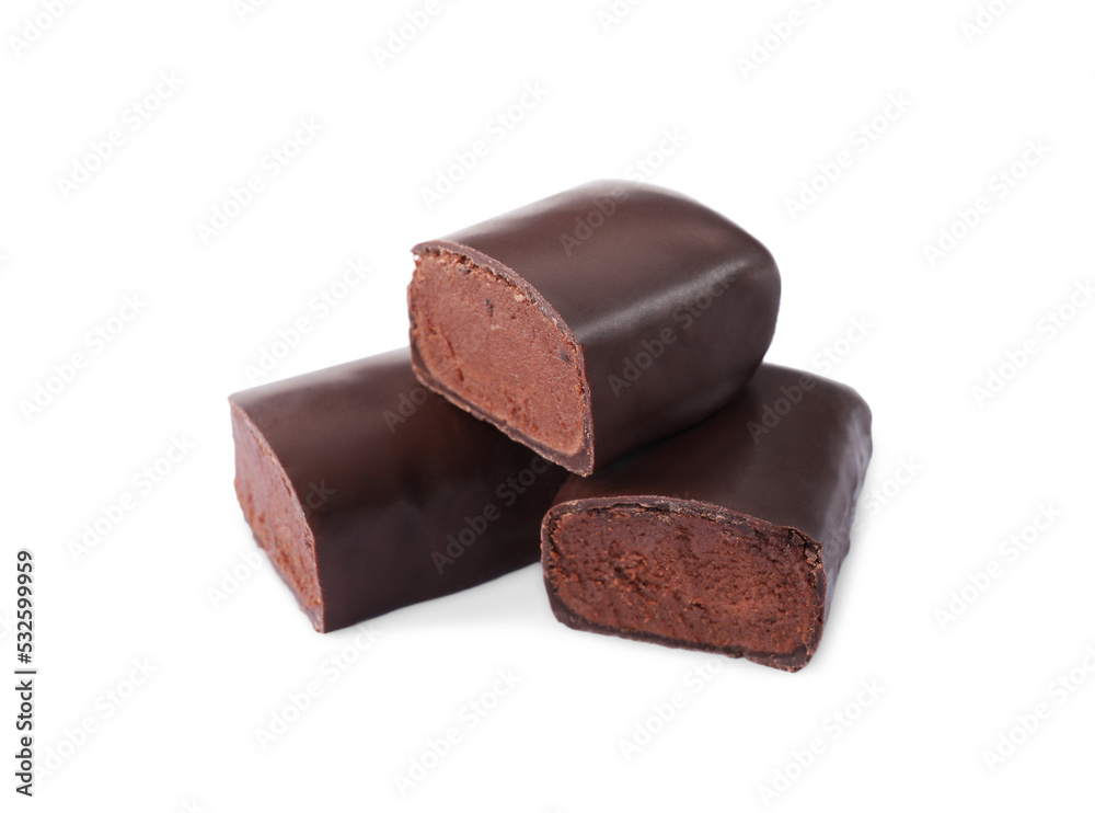 Delicious cut glazed curd snacks with cocoa on white background Delicious cut glazed curd snacks with cocoa on white background