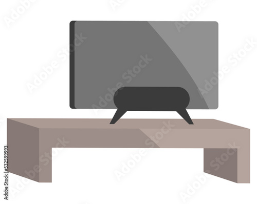 TV, electronic devce on stand. Wooden shelf for television gadget. Living room interior design element. Big table with tv set back view flat style. Black screen technology on table vector illustration photo