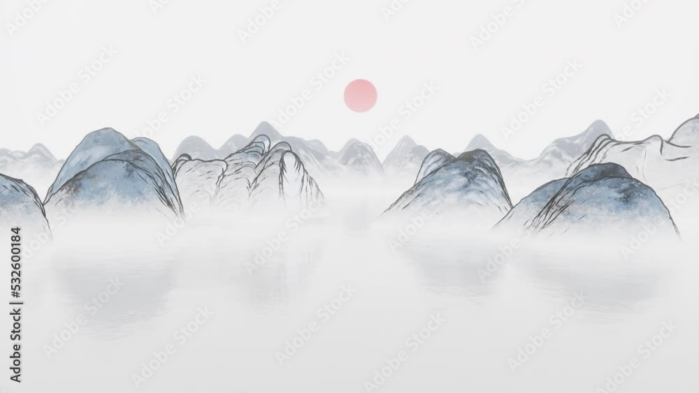 Ink wash painting of mountains, 3d rendering.
