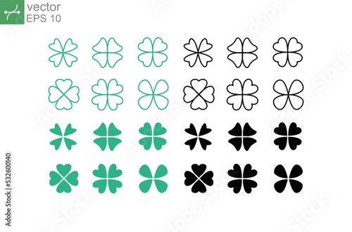 Clover set. Four leaf clover as symbol of luck. Hearth shaped leaf. Irish shamrocks or ireland tradition. Green clover leaf icon template design. Vector illustration. Design on white background. EPS10
