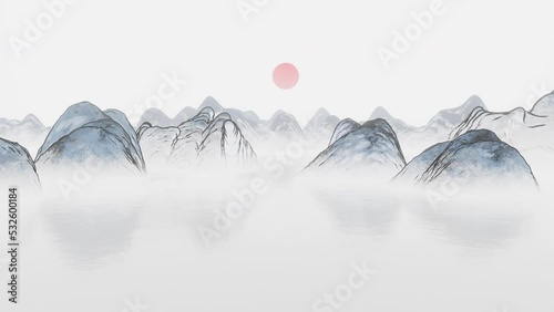 Ink wash painting of mountains, 3d rendering. photo