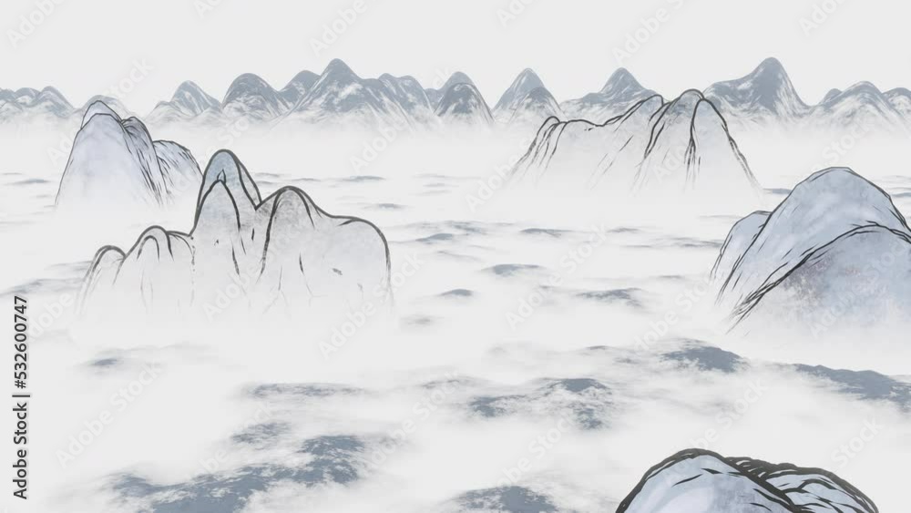 Ink wash painting of mountains, 3d rendering.