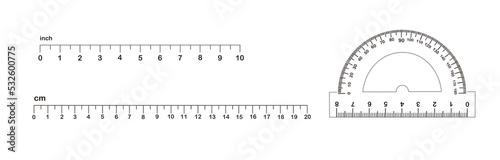 Measuring length markings of rulers and protractor on white background, collage. Illustration