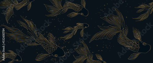 Luxury dark blue art background with goldfish in line style. Abstract hand drawn vector banner for wallpaper design, print, textile, decor, pattern, fabric.