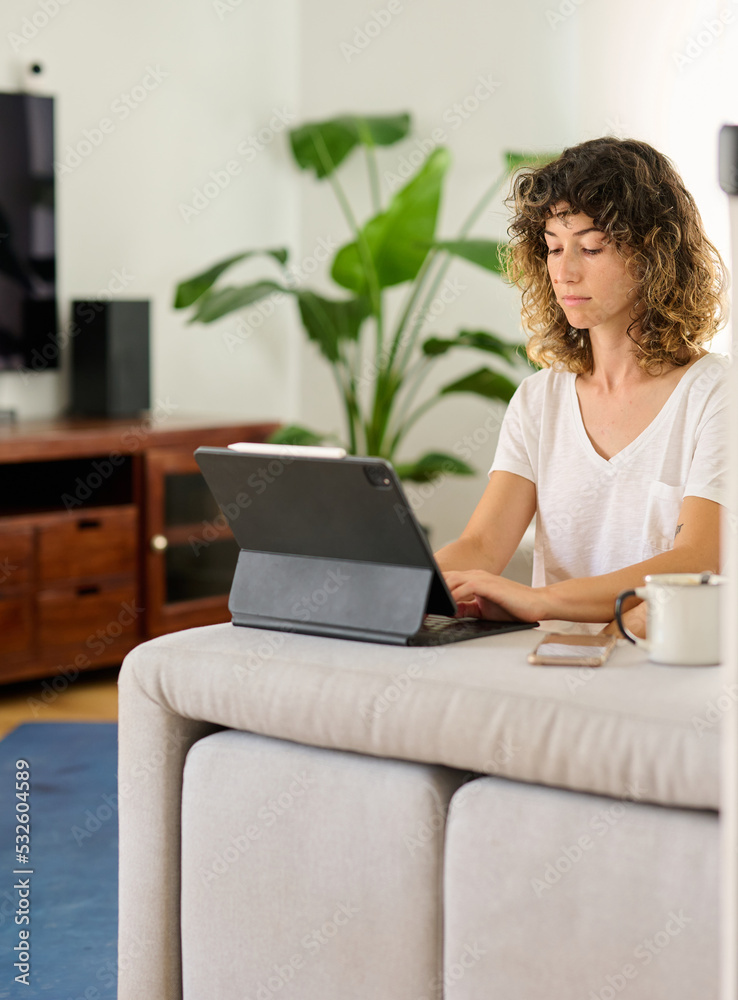 Woman work in living room. Woman work in living room.