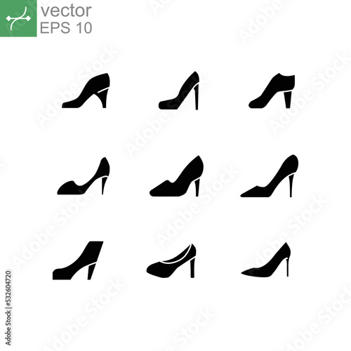 Women stylish footwear. women`s elegant shoe for fashion . Feminine and trendy shoes for web design. solid icon, high heel shoes icon set. Vector illustration. Design on white background. EPS 10