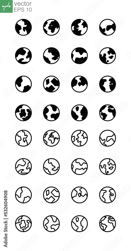 Rotating world globe, planet earth sign. web, website, homepage icon set. Earth hemispheres with continents, world map set. Globe line vector icon set. Illustration design on white background. EPS 10 Rotating world globe, planet earth sign. web, website, homepage icon set. Earth hemispheres with continents, world map set. Globe line vector icon set. Illustration design on white background. EPS 10